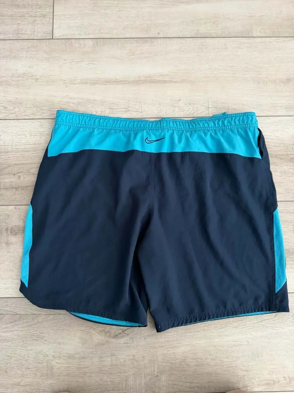 Nike Navy Blue and Turquoise Swim Trunks with Drawstring and Lined Pockets